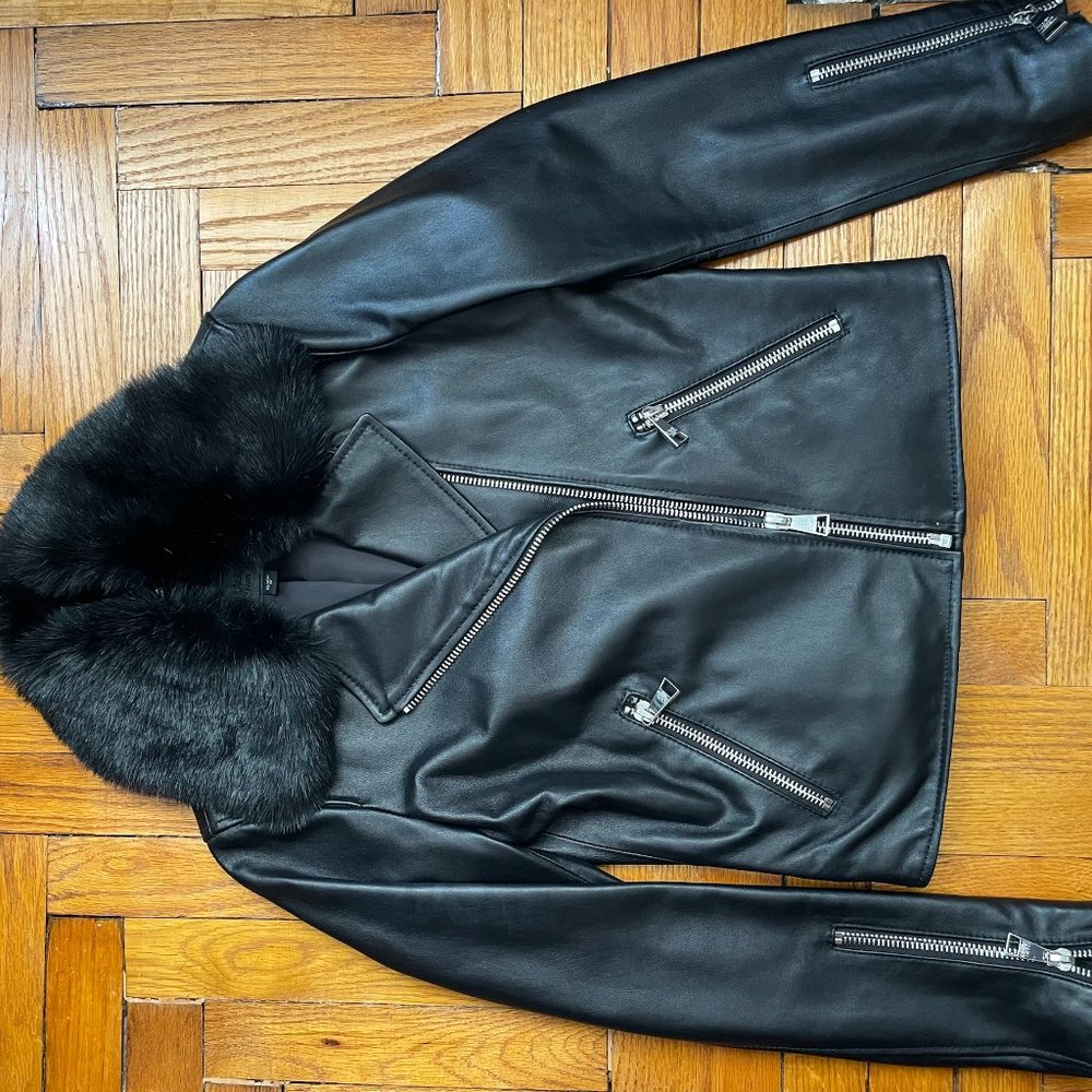 Karl Lagerfeld Genuine Leather Jacket (Faux Fur Collar) XS